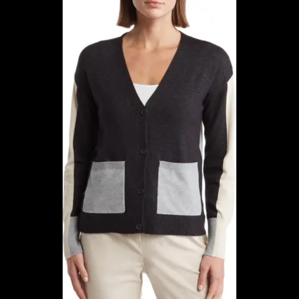 Brand NWT! Tahari Colorblocked Cardigan. Gray + Beige. Size Small.